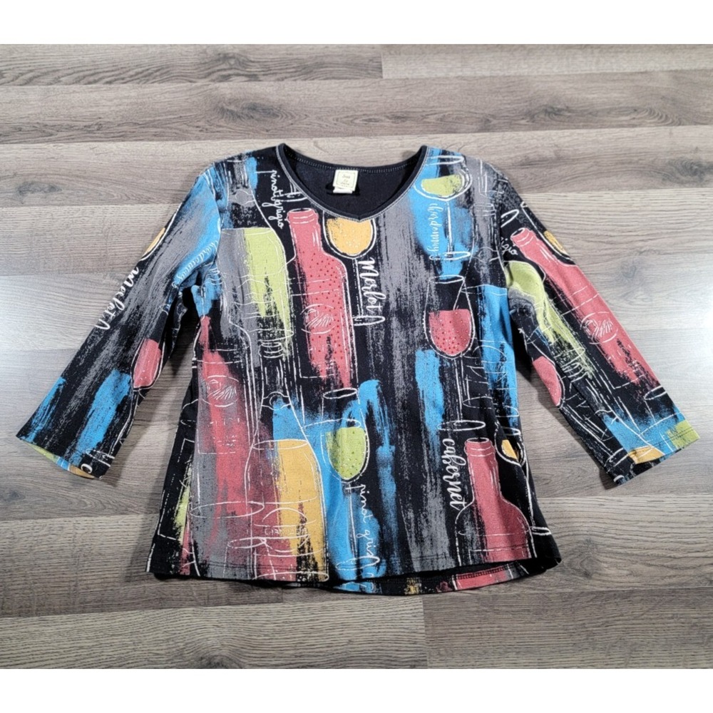 Jess And Jane Top Medium Party Wine Graphic T Shirt Artsy Lagenlook 3/4 Sleeve